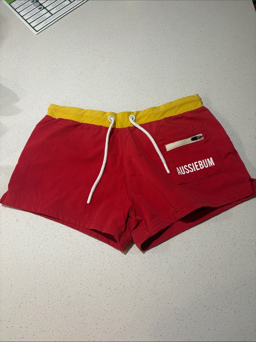AussieBum Women’s Red Athletic Shorts with Yellow Waistband